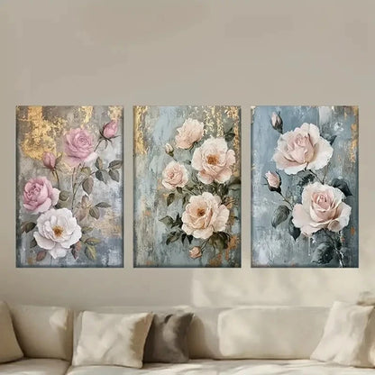 3pcs Floral Design with Golden Accents Metal Print Ready to Hang Art