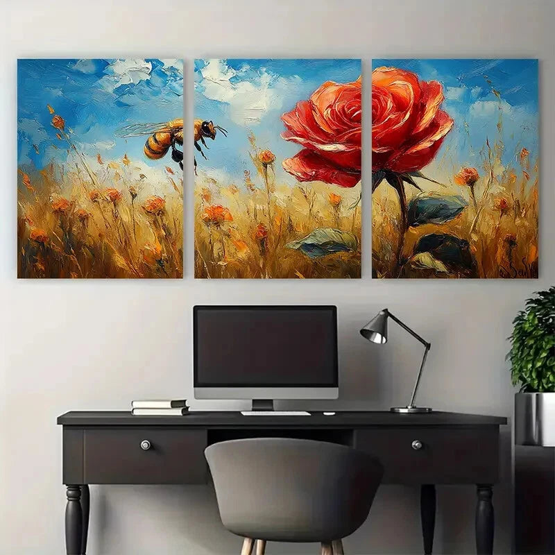 3pcs Vibrant Red Rose Honeybee Meadow Floral Metal Print Ready to Hang Art - Bella Home Decor