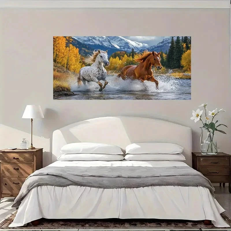 Horses Running Waterfall Wall Art Canvas Office Home Room Framed 120x60cm