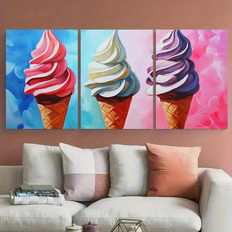3pcs Vibrant Ice Cream Food Illustration Metal Print Ready to Hang Art - Bella Home Decor