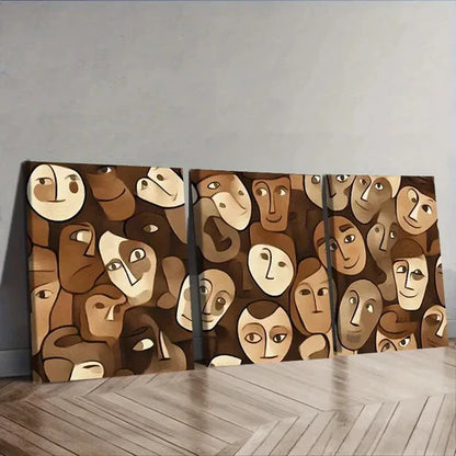 3pcs Modern Brown and Beige Faces Wall Art Set Canvas Unframed - High Quality Print 100% Australian Made Wall Canvas