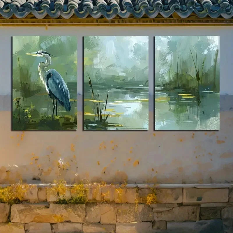 3pcs Heron Stands Quietly in A Peaceful Pond Metal Print Ready to Hang Art - Bella Home Decor
