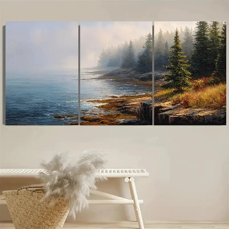3pcs Maine Landscape Schoodic Wall Art Set Canvas Framed 50x70cm - High Quality Print 100% Australian Made Wall Canvas Ready to Hang