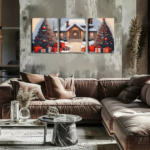 3pcs Snowy Day, Christmas, Christmas Tree Wall Art Canvas Unframed - High Quality Print 100% Australian Made Wall Canvas