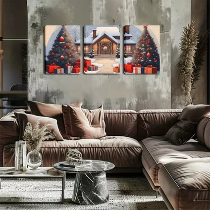 3pcs Snowy Day, Christmas, Christmas Tree Wall Art Canvas Unframed - High Quality Print 100% Australian Made Wall Canvas