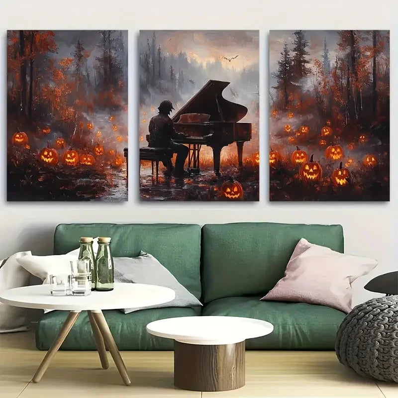 3pcs Set of three Spooky Ghoul Playing Piano Canvas Framed 50x70cm - High Quality Print 100% Australian Made Wall Canvas Ready to Hang