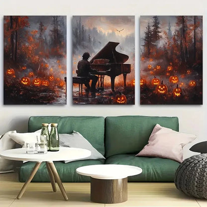 3pcs Set of three Spooky Ghoul Playing Piano Canvas Framed 50x70cm - High Quality Print 100% Australian Made Wall Canvas Ready to Hang