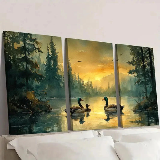 3pcs Duck Painting Pond Watercolor KL Wall Art Set Canvas Framed 40x60cm - High Quality Print 100% Australian Made Wall Canvas Ready to Hang (