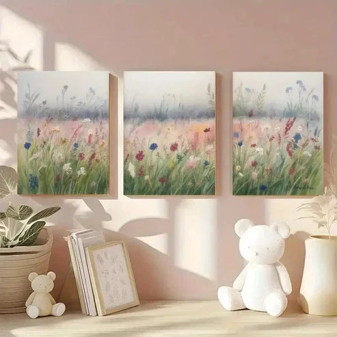 3pcs Wildflowers, Green Grass  Wall Art Set Canvas Unframed - High Quality Print 100% Australian Made Wall Canvas
