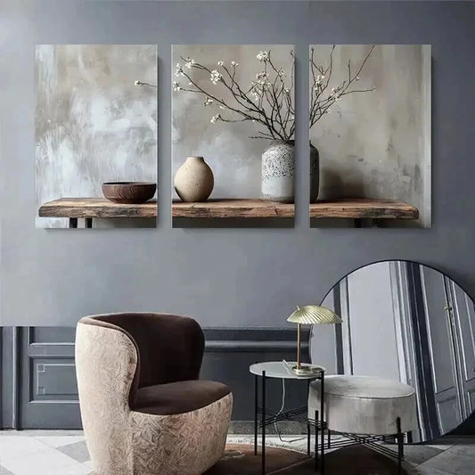 3pcs Minimalist Vase And Branch Decoration Wall Art Set Canvas Framed 50x70cm - High Quality Print 100% Australian Made Wall Canvas Ready to Hang