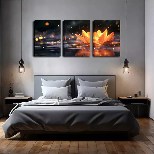 3pcs Lotus Flowers Emitting Yellow Light Wall Art Set Canvas Framed 60x90cm - High Quality Print 100% Australian Made Wall Canvas Ready to Hang - Bella Home Decor