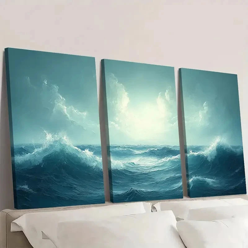 3pcs Ocean Waves & Sunset Sky WS  Wall Art Set Canvas Framed 50x70cm - High Quality Print 100% Australian Made Wall Canvas Ready to Hang