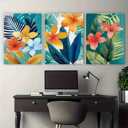 3pcs Menorca Travel Tropical Floral Illustration Wall Art Set Canvas Framed 60x90cm - High Quality Print 100% Australian Made Wall Canvas Ready to Hang