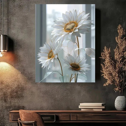 Beautiful Modern Sunflower White & Golden Painting 40x60cm Metal Print Ready to Hang - Bella Home Decor