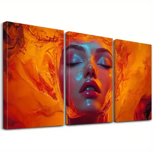 3pcs Fiery Hair Vibrant Orange & Red Abstract   Art Set Canvas Unframed - High Quality Print 100% Australian Made Wall Canvas
