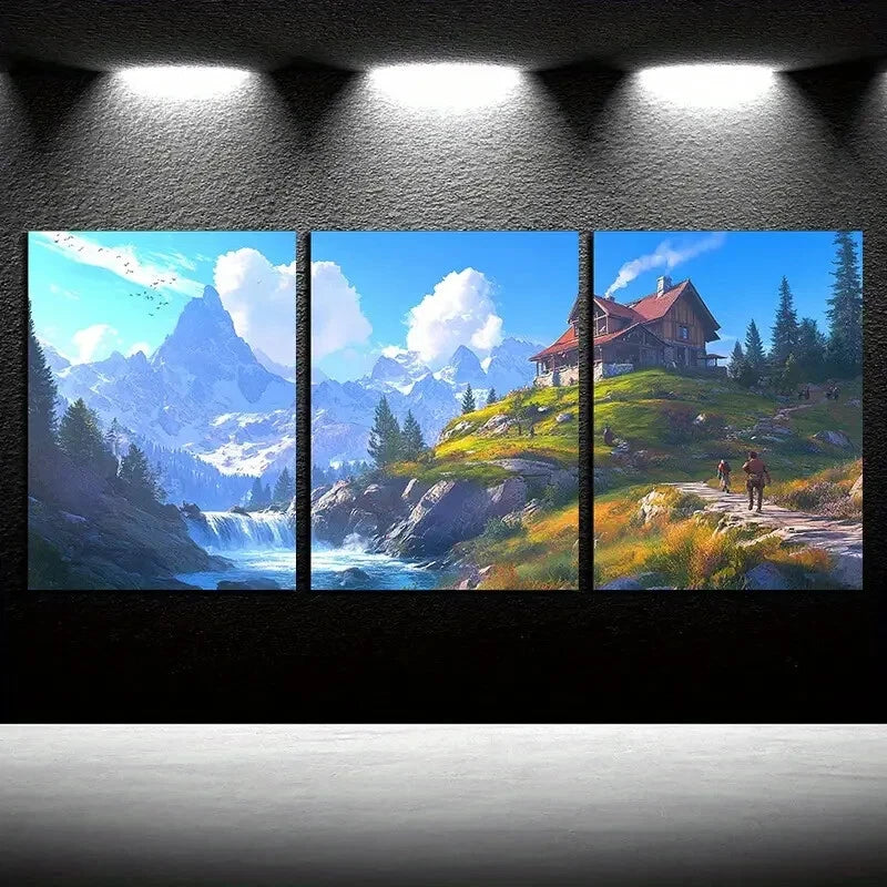 3pcs Scenic Mountain Landscape with Forest Hut Metal Print Ready to Hang Art - Bella Home Decor