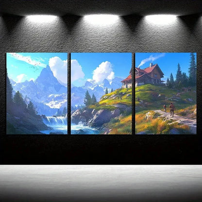 3pcs Scenic Mountain Landscape with Forest Hut Metal Print Ready to Hang Art - Bella Home Decor