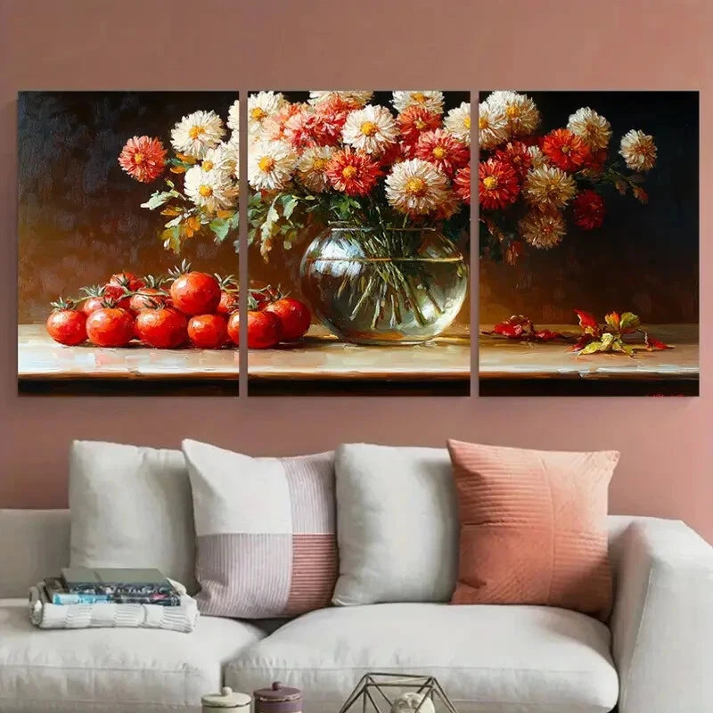 3pcs Chrysanthemums in a Glass Vase with Tomatoes Metal Print Ready to Hang Art - Bella Home Decor