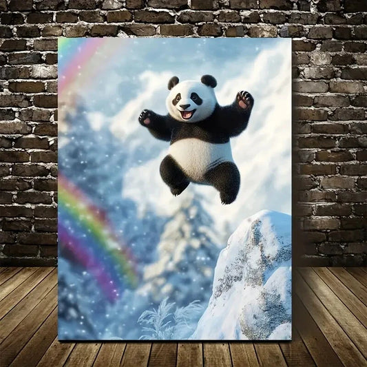 Panda Joyful Jumping on Snowy Mountain 40x60cm Metal Print Ready to Hang