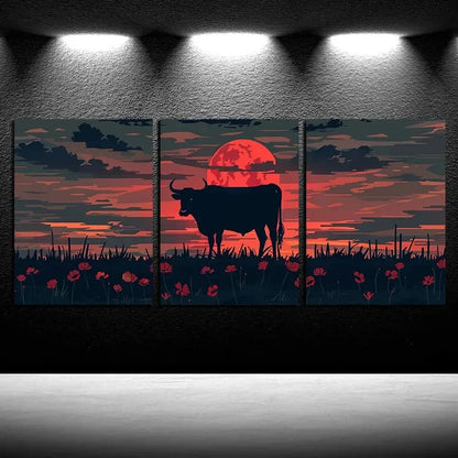 3pcs Black Cow with Moonlit and Floral Design Metal Print Ready to Hang Art - Bella Home Decor