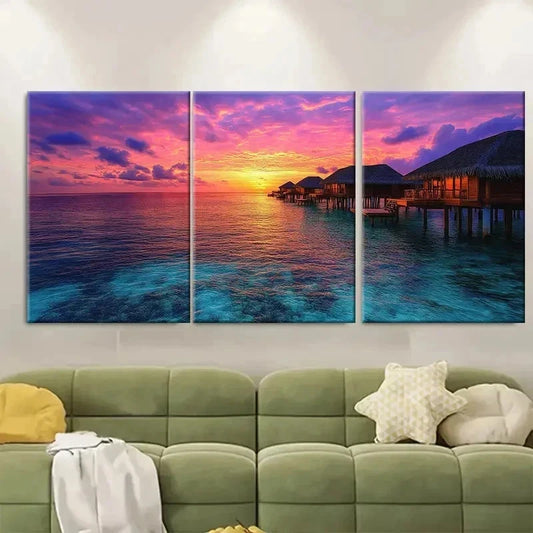 3pc Overwater Bungalows Print Luxury RO Wall Art Set Canvas Framed 60x90cm - High Quality Print 100% Australian Made Wall Canvas Ready to Hang
