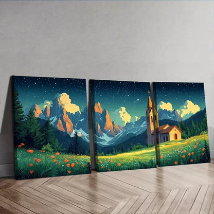 3pcs Depicting A Church Nestled Among Mountains Wall Art Canvas Unframed - High Quality Print 100% Australian Made Wall Canvas - Bella Home Decor