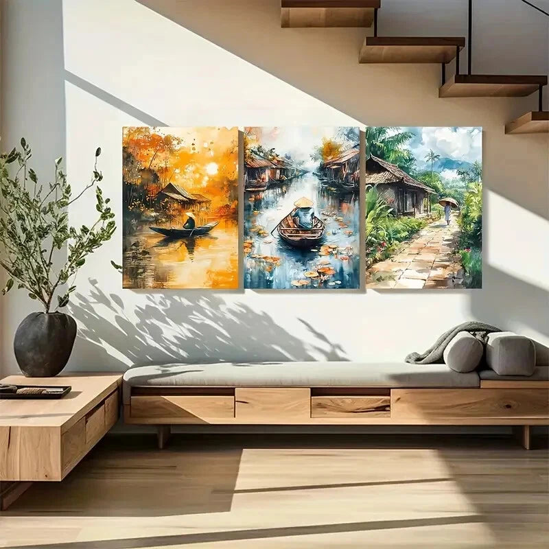 3pcs Vietnam Landscapes Watercolor Design Metal Print Ready to Hang Art - Bella Home Decor