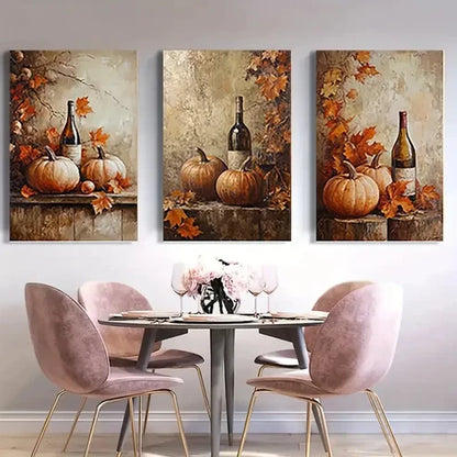 3pcs Pumpkins Wine Bottles & Fall Leaves Wall Art Set Canvas Unframed - High Quality Print 100% Australian Made Wall Canvas