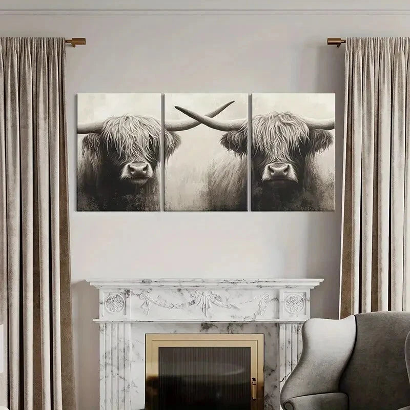 3pcs Highland Cattle Wildlife Painting Art Metal Print Ready to Hang Art - Bella Home Decor