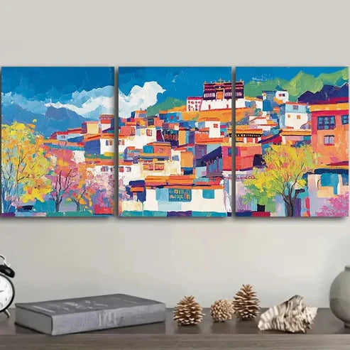 3pcs Buildings Along the Lhasa River Perfect Wall Art Set Canvas Unframed - High Quality Print 100% Australian Made Wall Canvas