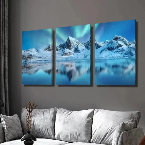 3pcs Northern Lights Over Lake in Norway Wall Art Canvas Unframed - High Quality Print 100% Australian Made Wall Canvas