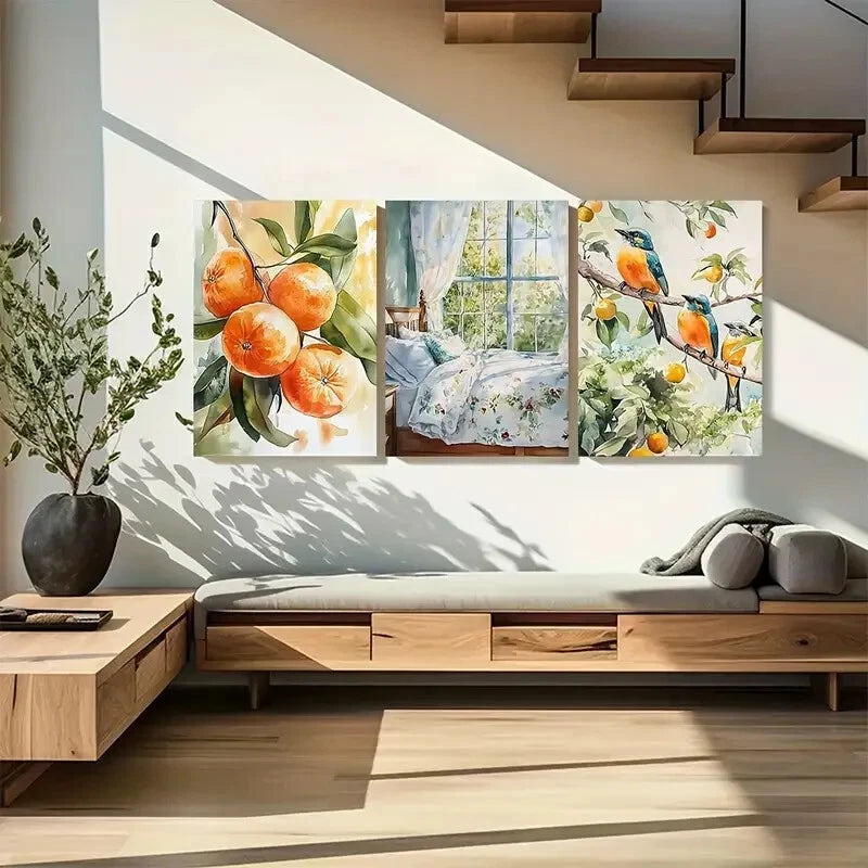 3pcs Orange Bird Mandarin Soft Green Spring Design Metal Print Ready to Hang Art - Bella Home Decor