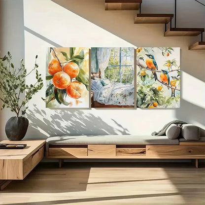 3pcs Orange Bird Mandarin Soft Green Spring Design Metal Print Ready to Hang Art - Bella Home Decor