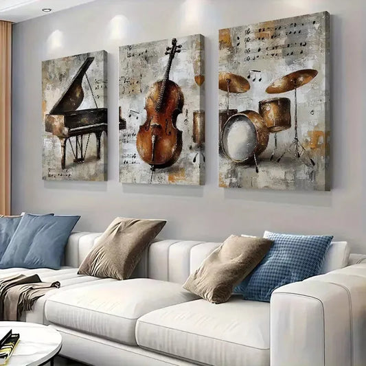 3pcs Musical Instruments Artwork Piano Art Set Canvas Framed 50x70cm - High Quality Print 100% Australian Made Wall Canvas Ready to Hang