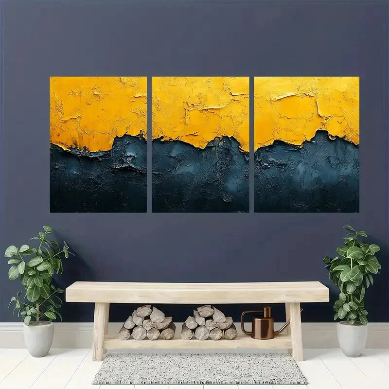 3pcs Abstract Yellow & Black Minimalist Textured Metal Print Ready to Hang Art - Bella Home Decor