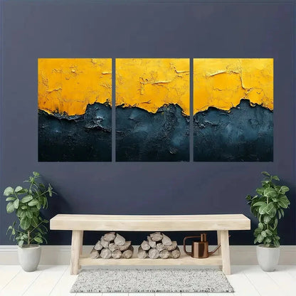 3pcs Abstract Yellow & Black Minimalist Textured Metal Print Ready to Hang Art - Bella Home Decor
