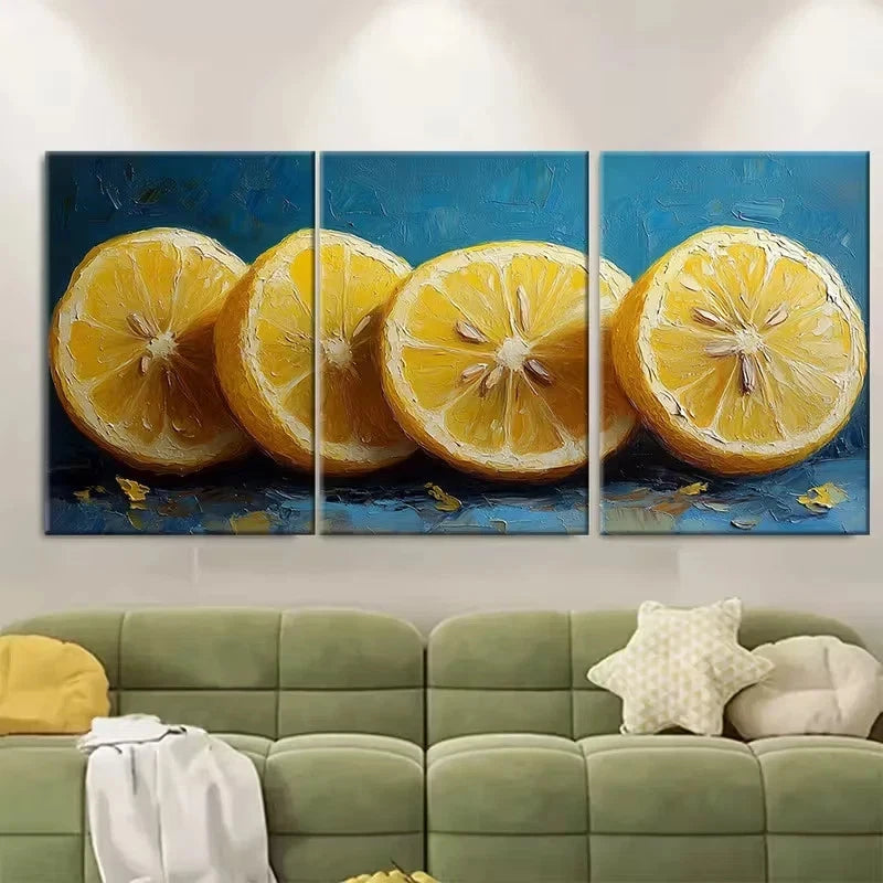 3pcs Lemon Slices Impasto Oil Painting Wall Art Set Canvas Framed 60x90cm - High Quality Print 100% Australian Made Wall Canvas Ready to Hang