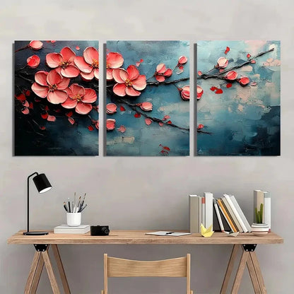 3pcs Pink Floral Oil Painting with Abstract Metal Print Ready to Hang Art - Bella Home Decor