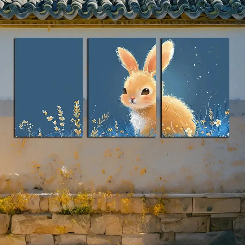 3pcs Vibrant Rabbit in Garden Illustration Metal Print Ready to Hang Art - Bella Home Decor