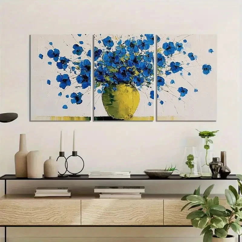 3pcs Blue Flowers in Yellow Vase Art Painting Metal Print Ready to Hang Art - Bella Home Decor