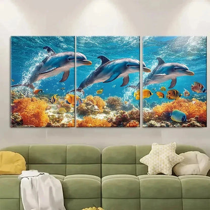 3pcs Dolphins Swimming with Tropical Fish B    Wall Art Set Canvas Framed 40x60cm - High Quality Print 100% Australian Made Wall Canvas Ready to Hang - Bella Home Decor