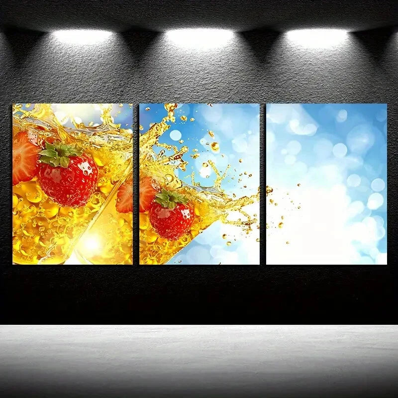 3pcs Vibrant Strawberry Juice Illustration Metal Print Ready to Hang Art - Bella Home Decor