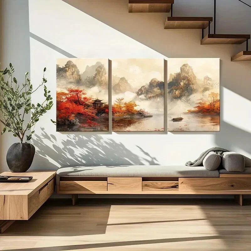 3pcs Retro Chinese Traditional Architecture Metal Print Ready to Hang Art - Bella Home Decor