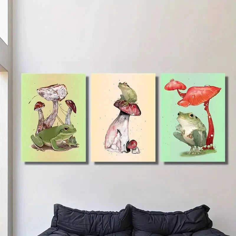3pcs Whimsical Frog &amp; Mushroom Metal Print Ready to Hang Art