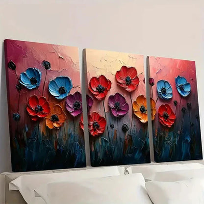 3pcs Red Meadow Field Abstract ER Wall Art Canvas Unframed - High Quality Print 100% Australian Made Wall Canvas - Bella Home Decor