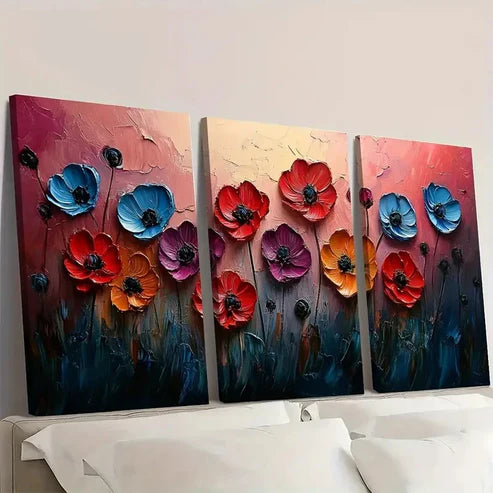 3pcs Red Meadow Field Abstract ER Wall Art Canvas Unframed - High Quality Print 100% Australian Made Wall Canvas - Bella Home Decor