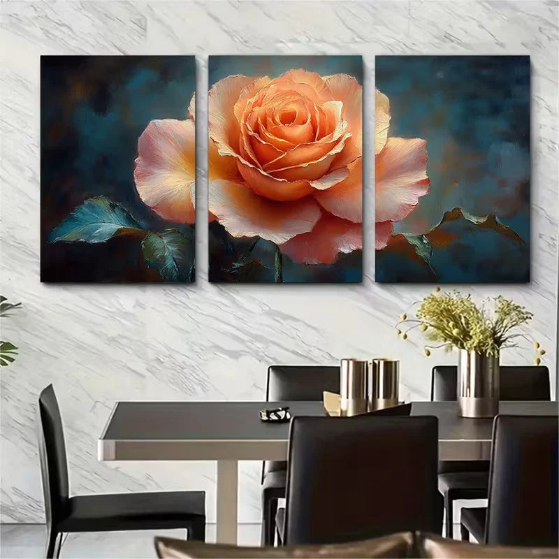 3pcs Rose Flowers Brushstroke Oil Painting Metal Print Ready to Hang Art