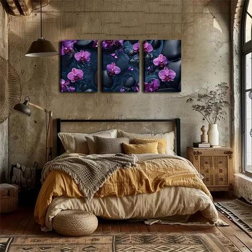 3pcs Black Pebbles & Purple Orchids Triptych Wall Art Canvas Unframed - High Quality Print 100% Australian Made Wall Canvas - Bella Home Decor