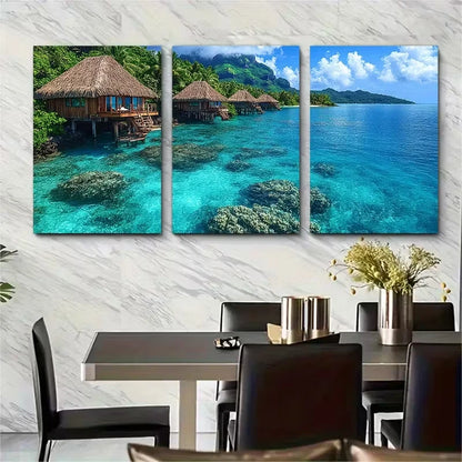3pcs Coral Reef Bungalows Metal Print Ready to Hang Art - Bella Home Decor