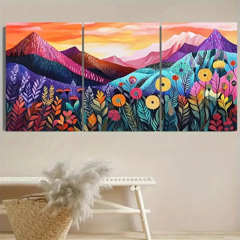3pcs Vibrant Floral & Mountain Maximalist Eclectic Metal Print Ready to Hang Art